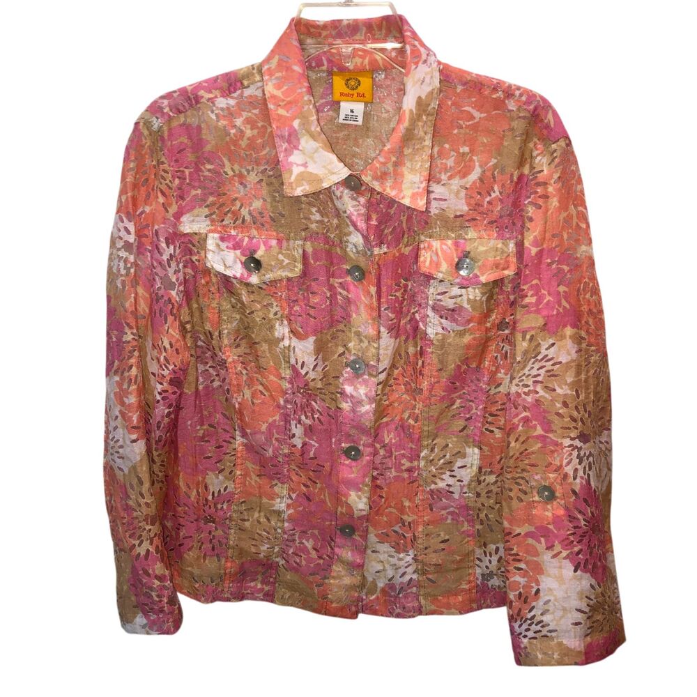 Ruby Rd Size 16 Floral Button Front Jacket Pink Rayon Blend Lightweight Sheer
